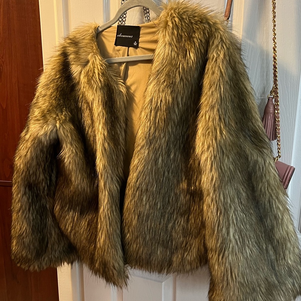 Olivaceous brown long haired faux fur coat
